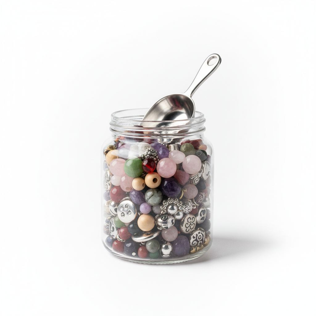 Individual bracelet beads in a jar with scooper